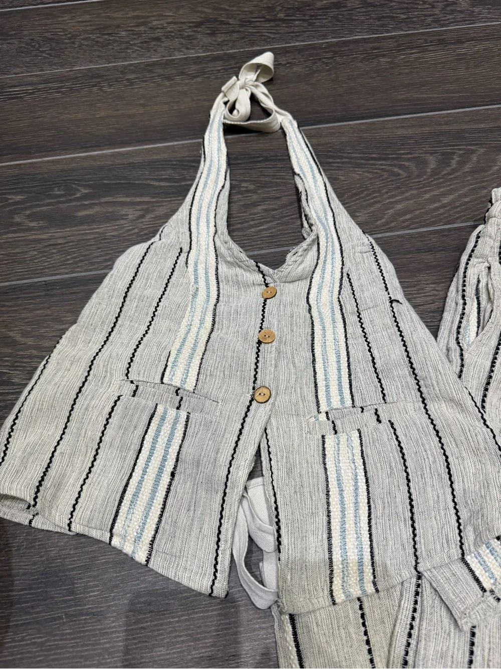 Free People Cream and Black Striped Halter Wide-Leg Jumpsuit